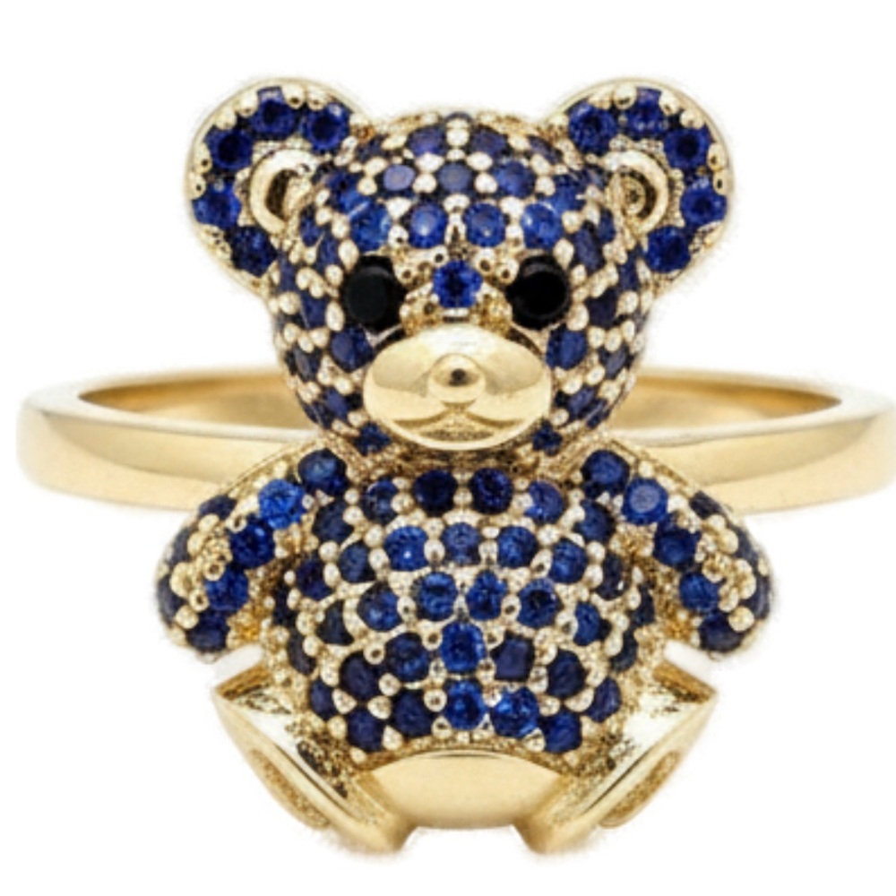 Blue Sapphire CZ Adjustable Teddy Bear Ring 18K Yellow Gold Filled NWOT